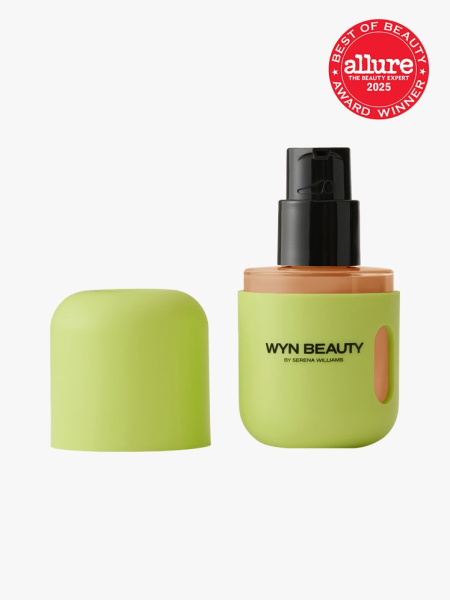 Wyn by Serena Williams Featuring You Hydrating Skin Enhancing Tint SPF 30 in branded green bottle with black pump and green cap on light gray background with red Allure Best of Beauty seal in the top right corner