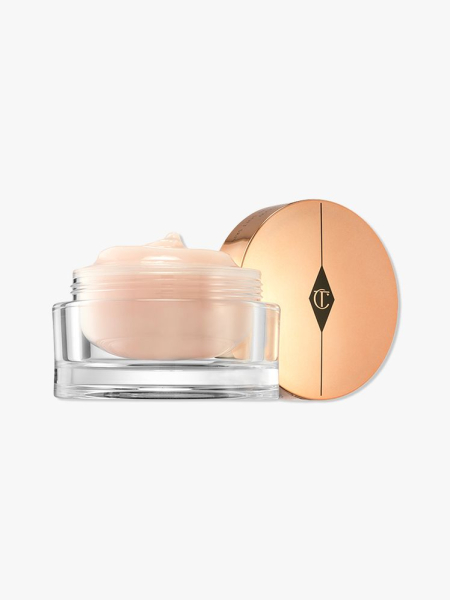 Charlotte Tilbury Multi-Miracle Glow Cleansing Balm jar of cleansing balm and gold cap on light gray background